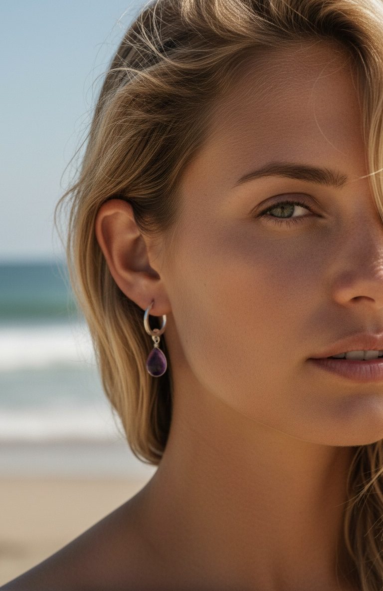 Waterproof 2-in-1 Amethyst Gemstone Hoop Earrings Handmade 925 Sterling Silver – Wavypopoyo