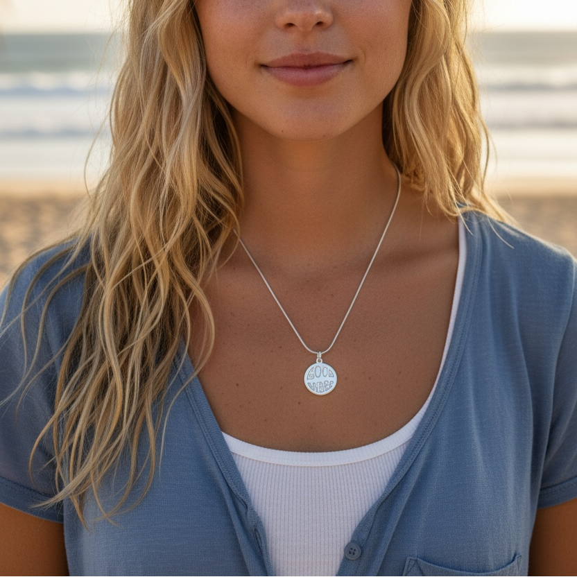 Woman with long blonde hair wearing a necklace on a beach