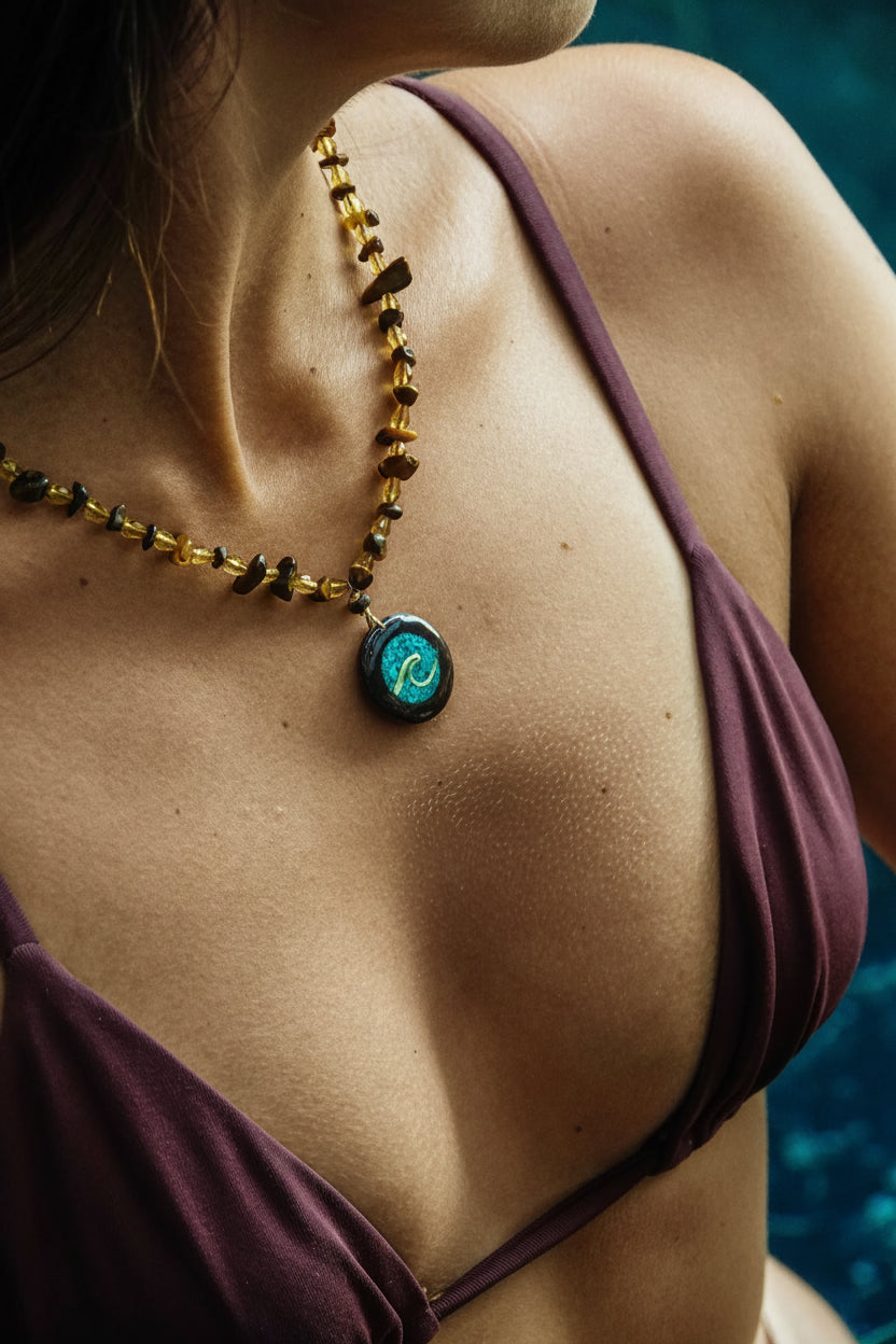 tiger eye necklace with wood and sand wave pendant