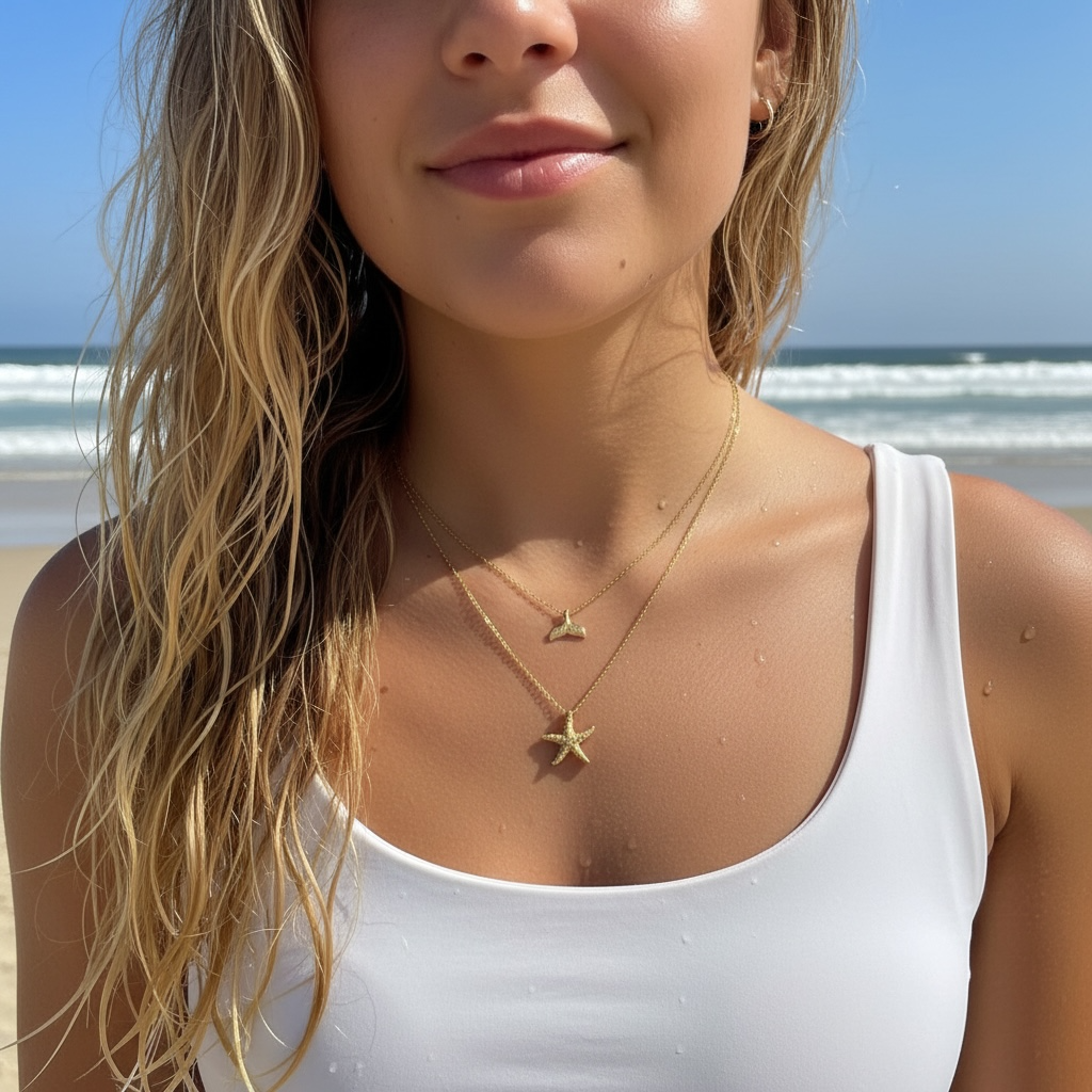 Whale tail starfish ocean necklace set waterproof gold