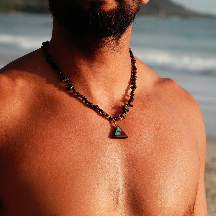 Tiger Eye Beaded Necklace Handmade Wood Blue Sand Wave Pendant Waterproof Costa Rica ā Wavypopoyo