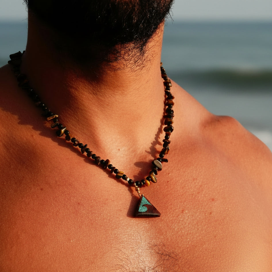 Tiger eye beaded necklace with a triangular wave pendant waterproof genuine stones