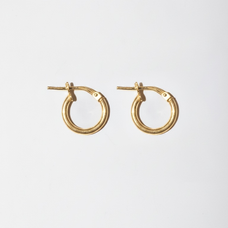 A pair of small gold hoop earrings with a textured finish and post-back closures, displayed on a clean, light gray background.
