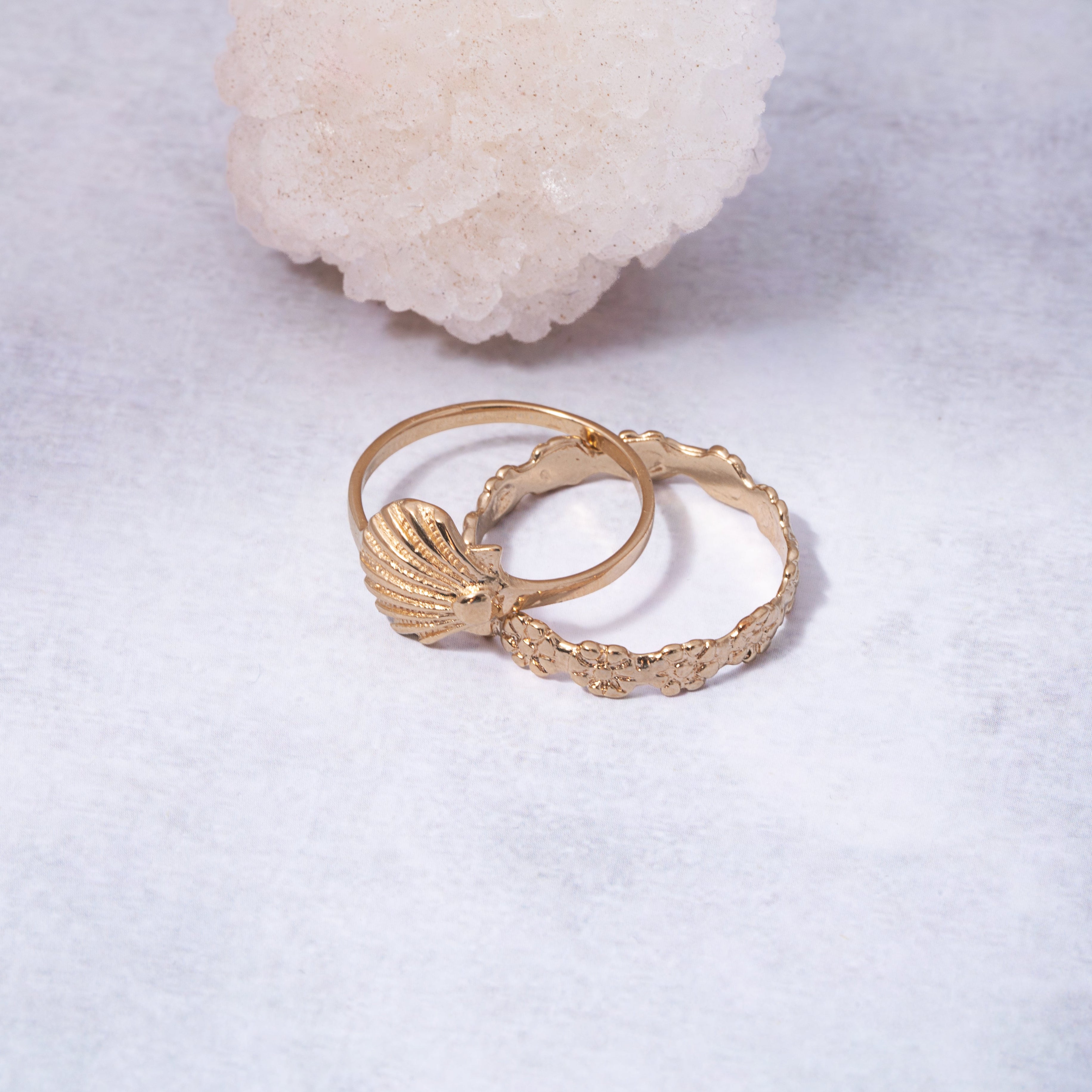 Dainty Shell Ring Wildflower Band Ring Set Stainless Steel 14K Gold 100% Waterproof Stackable β Wavypopoyo