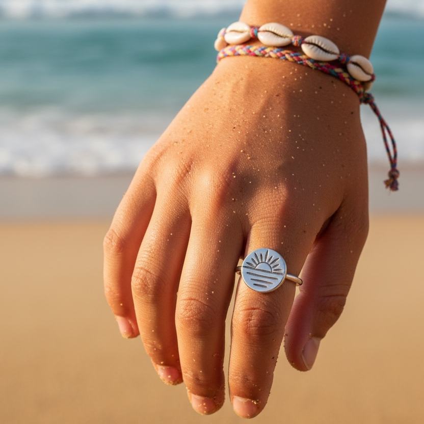 Hand with a sunset ring and bracelets on a beach