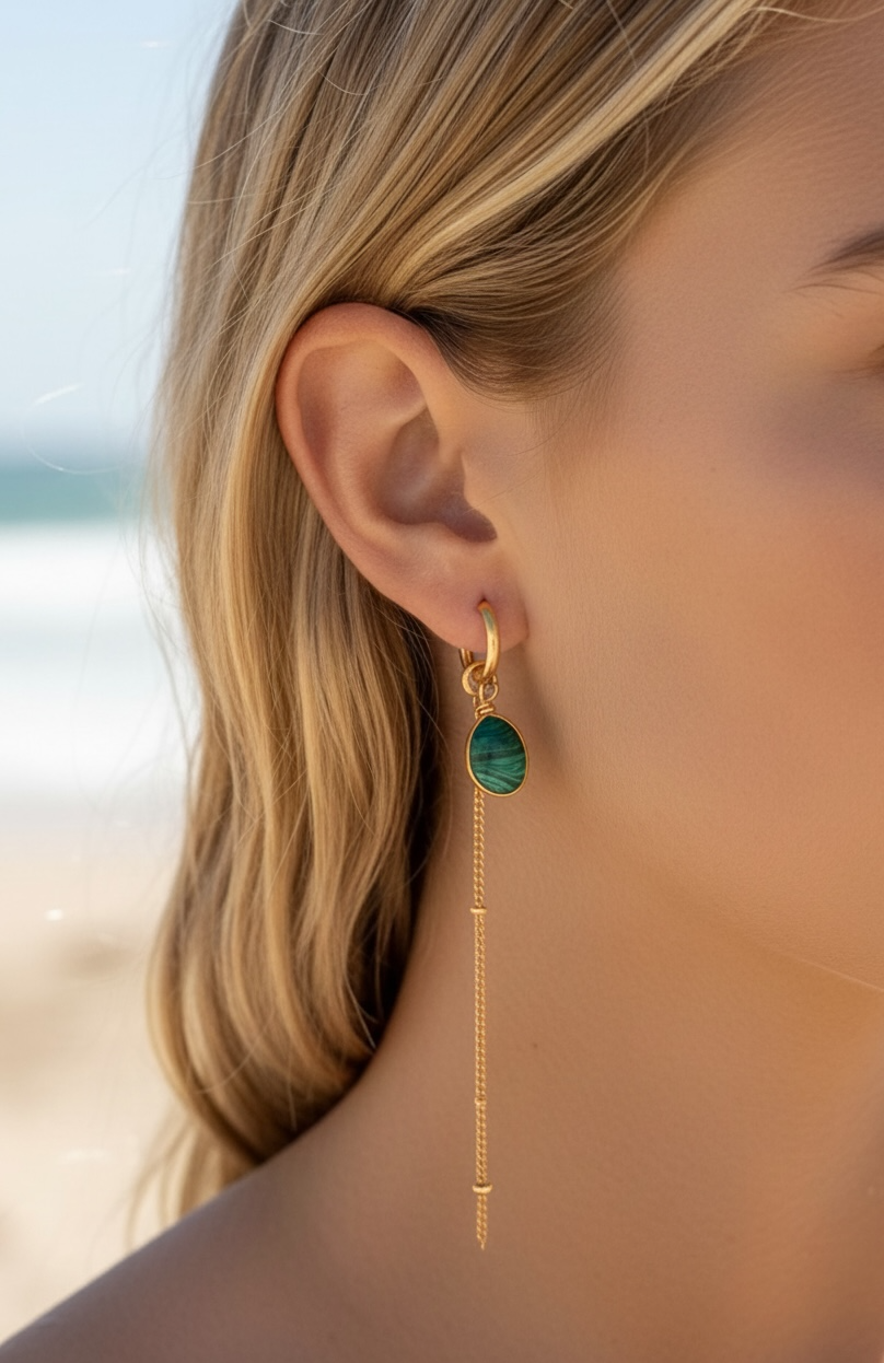 Waterproof 3-in-1 Malachite Waterfall Earrings 14K Gold Vermeil Handmade Boho Jewelry – Wavypopoyo