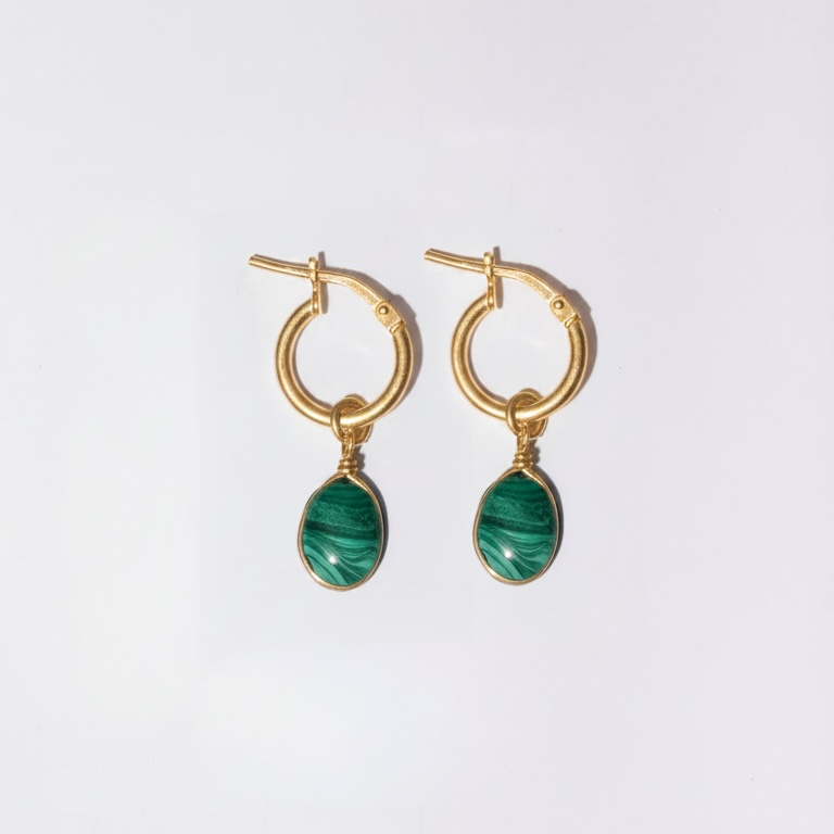 Waterproof Malachite Drop Earrings 14K Gold Vermeil Hoop with Chain Waterfall – Wavypopoyo
