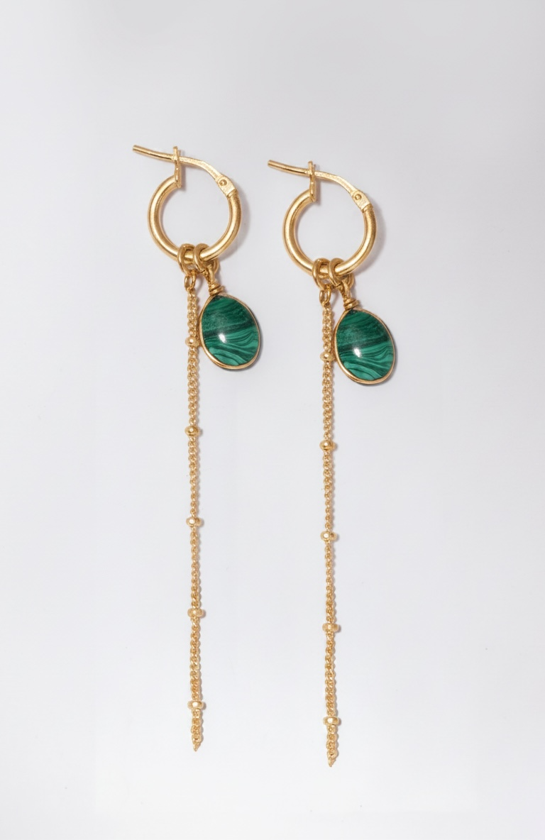 Waterproof Malachite Drop Earrings 14K Gold Vermeil Hoop with Chain Waterfall – Wavypopoyo