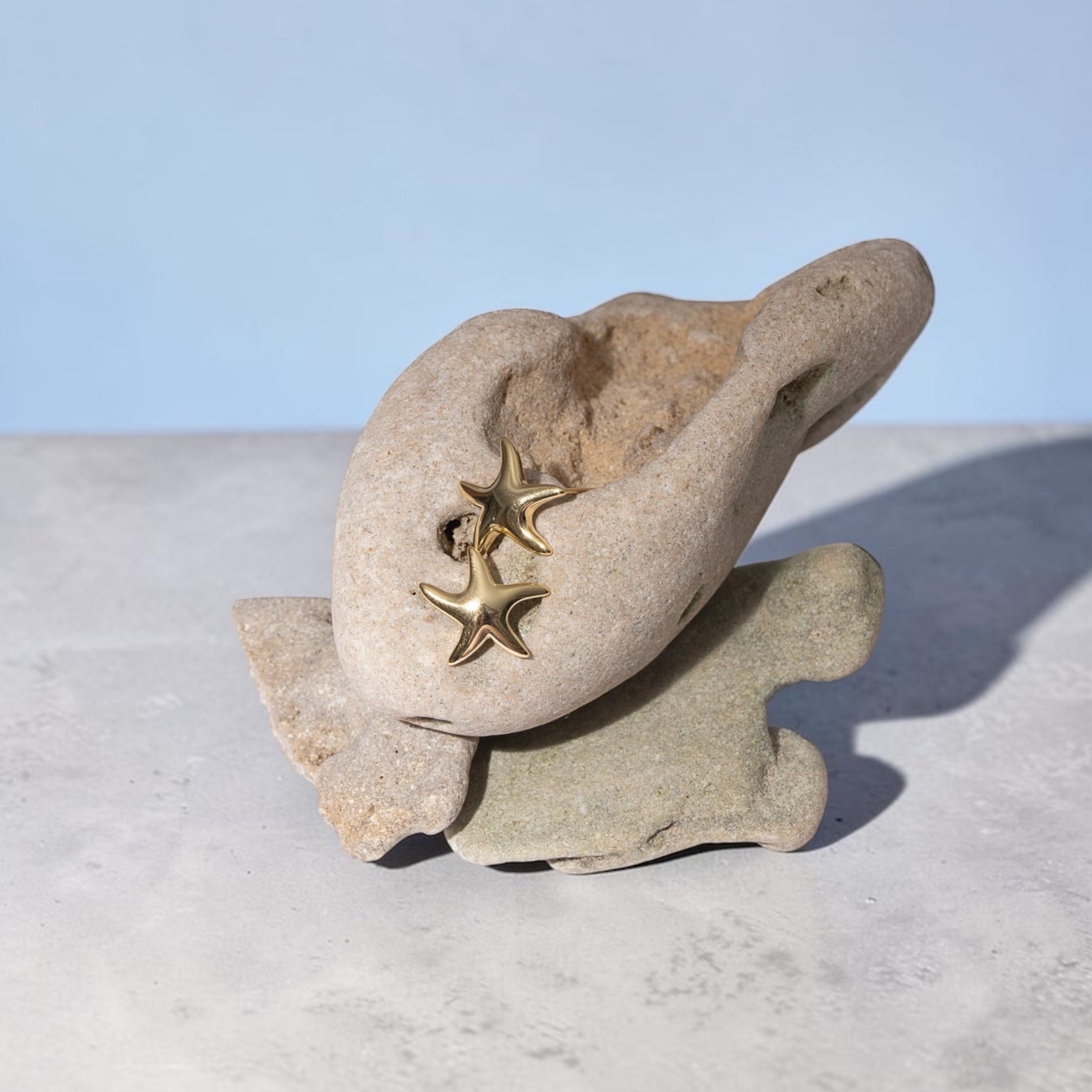 Decorative stone with a starfish charm on a light blue background