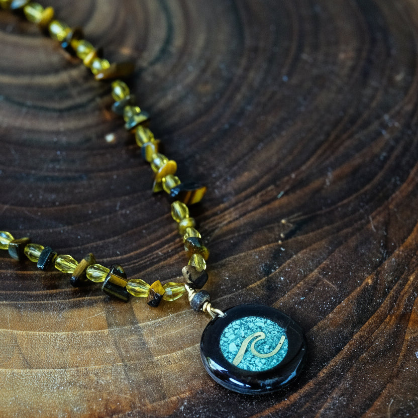 Waterproof tiger eye stone necklace with wave pendant