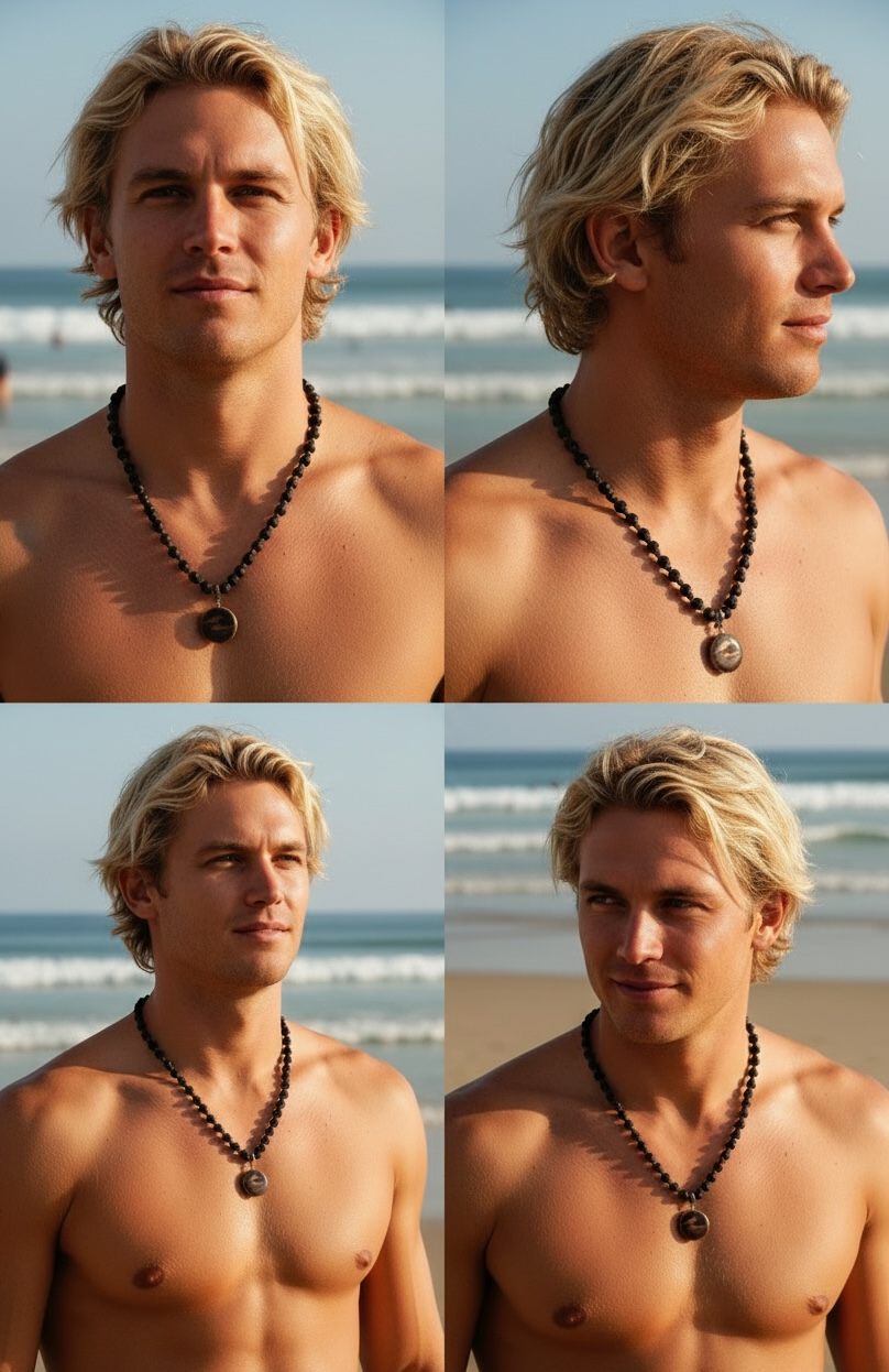 Man with a lava bead necklace wave pendant 