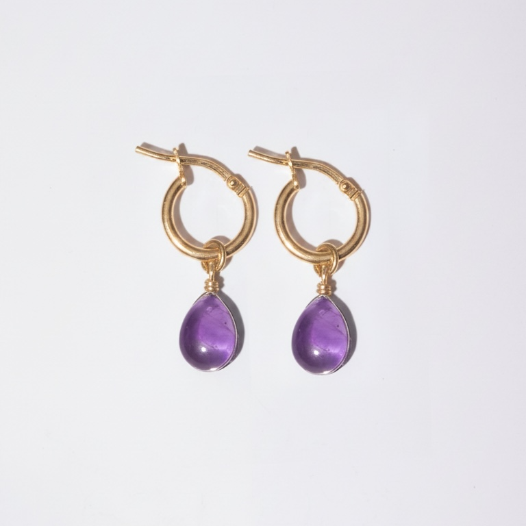 Amethyst 2-in-1 Drop Hoop Earrings Detachable Charm Handmade 14K Gold Vermeil Waterproof – Wavypopoyo