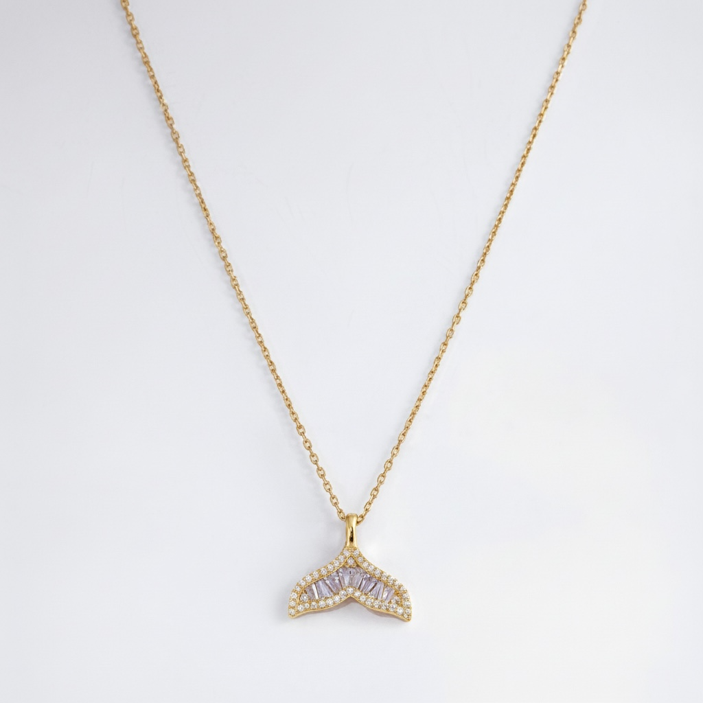 Gold cz whale tail waterproof necklace 