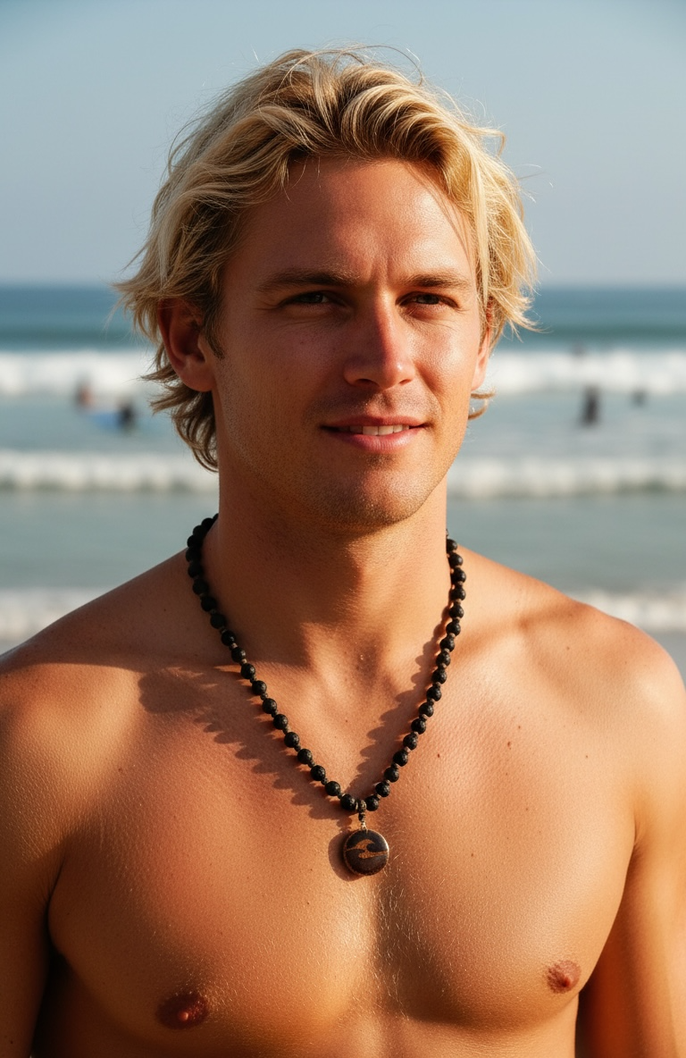 Man with a lava bead necklace wave pendant standing on a beach