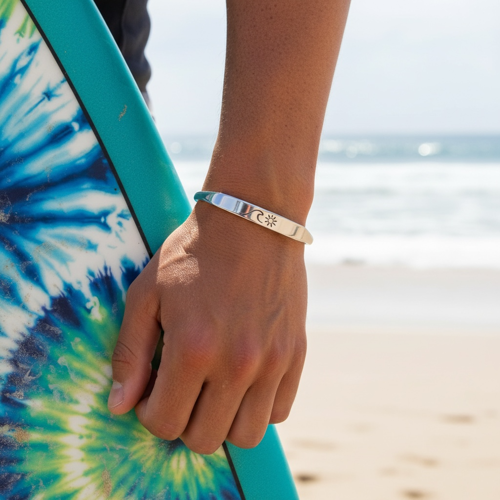 Men’s sunset silver cuff bracelet waterproof 