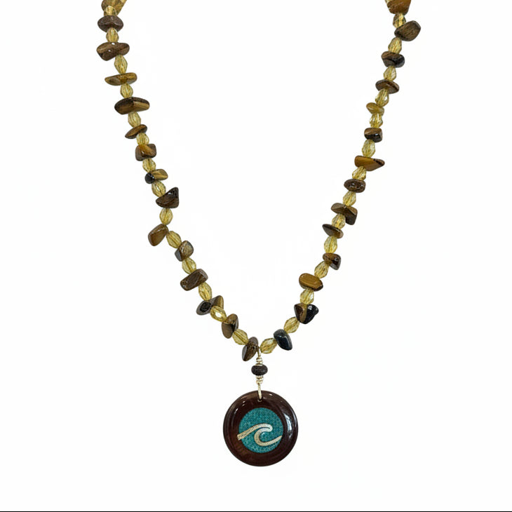 Tiger Eye Beaded Necklace Handmade Wood Blue Sand Wave Pendant Waterproof Costa Rica – Wavypopoyo