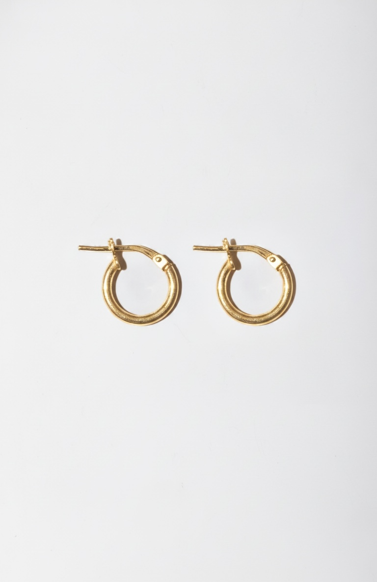 A pair of small gold hoop earrings with a textured finish and post-back closures, displayed on a clean, light gray background.
