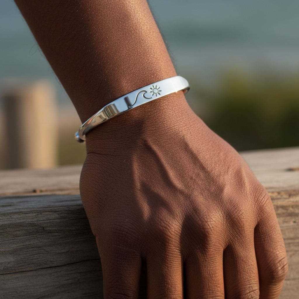 Men’s wave sunset silver cuff bracelet waterproof 
