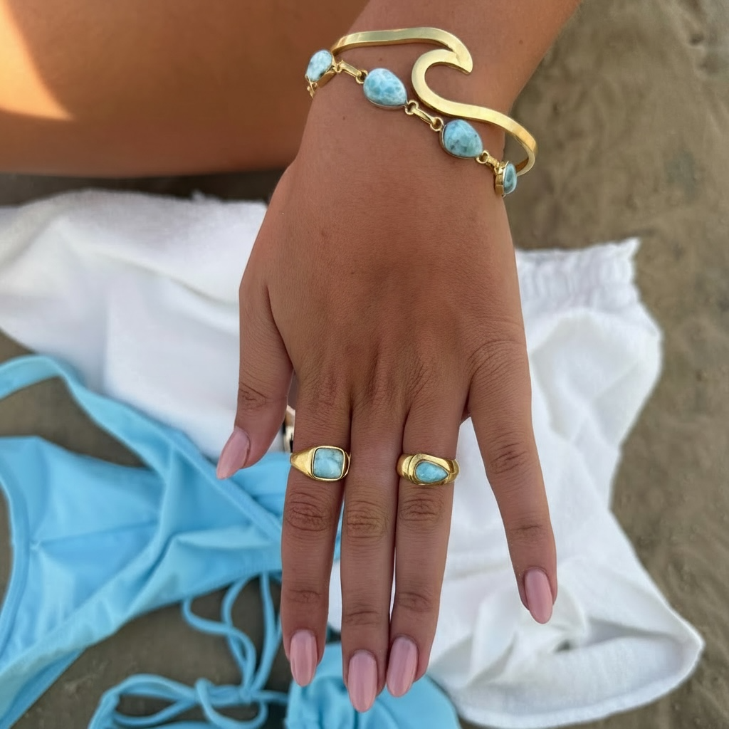 Gold larimar waterproof rings 