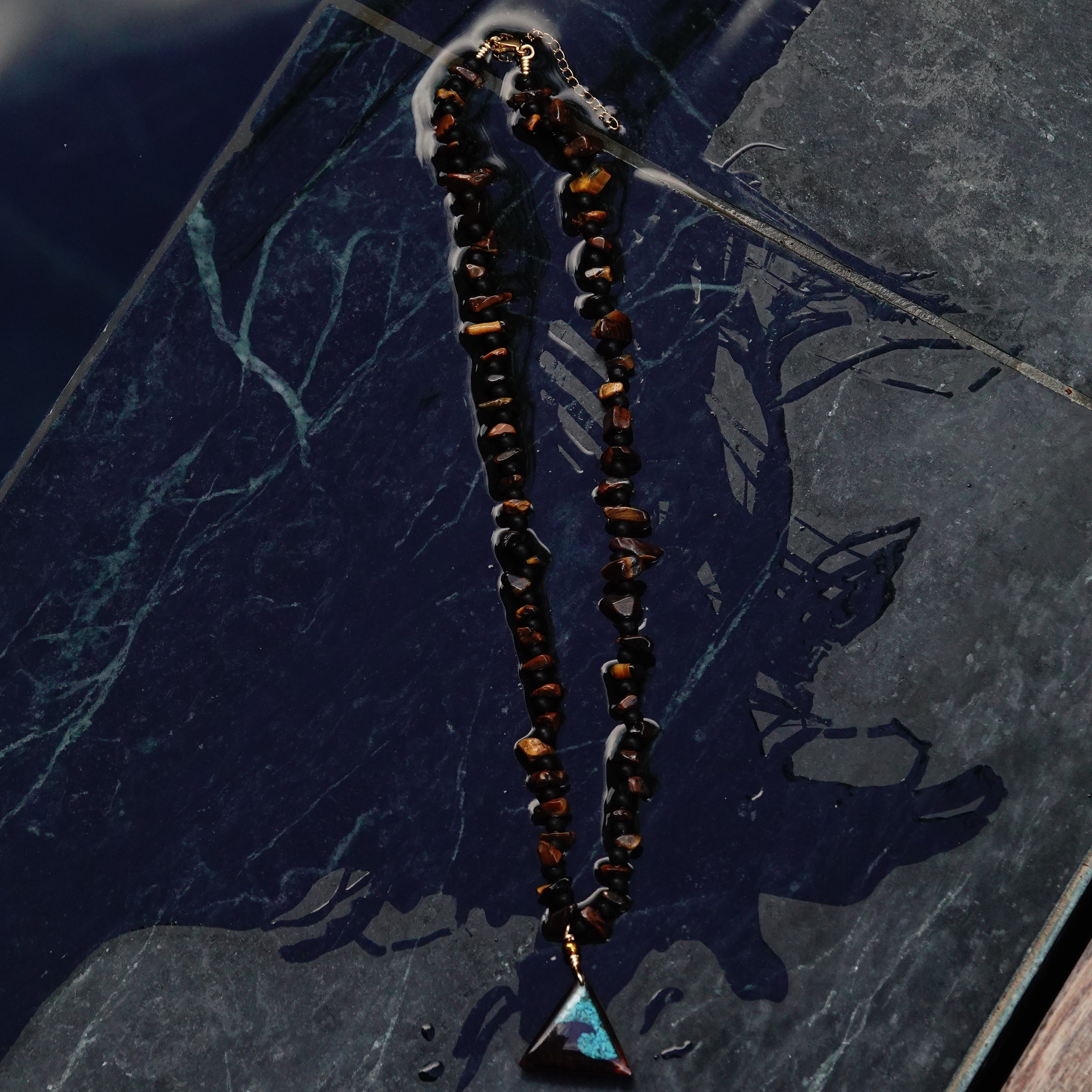 Tiger Eye Beaded Necklace Handmade Wood Blue Sand Wave Pendant Waterproof Costa Rica – Wavypopoyo