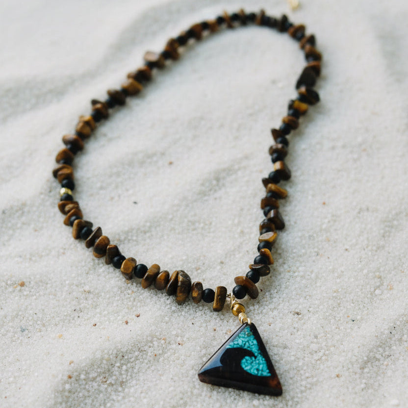 Tiger eye beaded necklace with a triangular wave pendant waterproof genuine stones