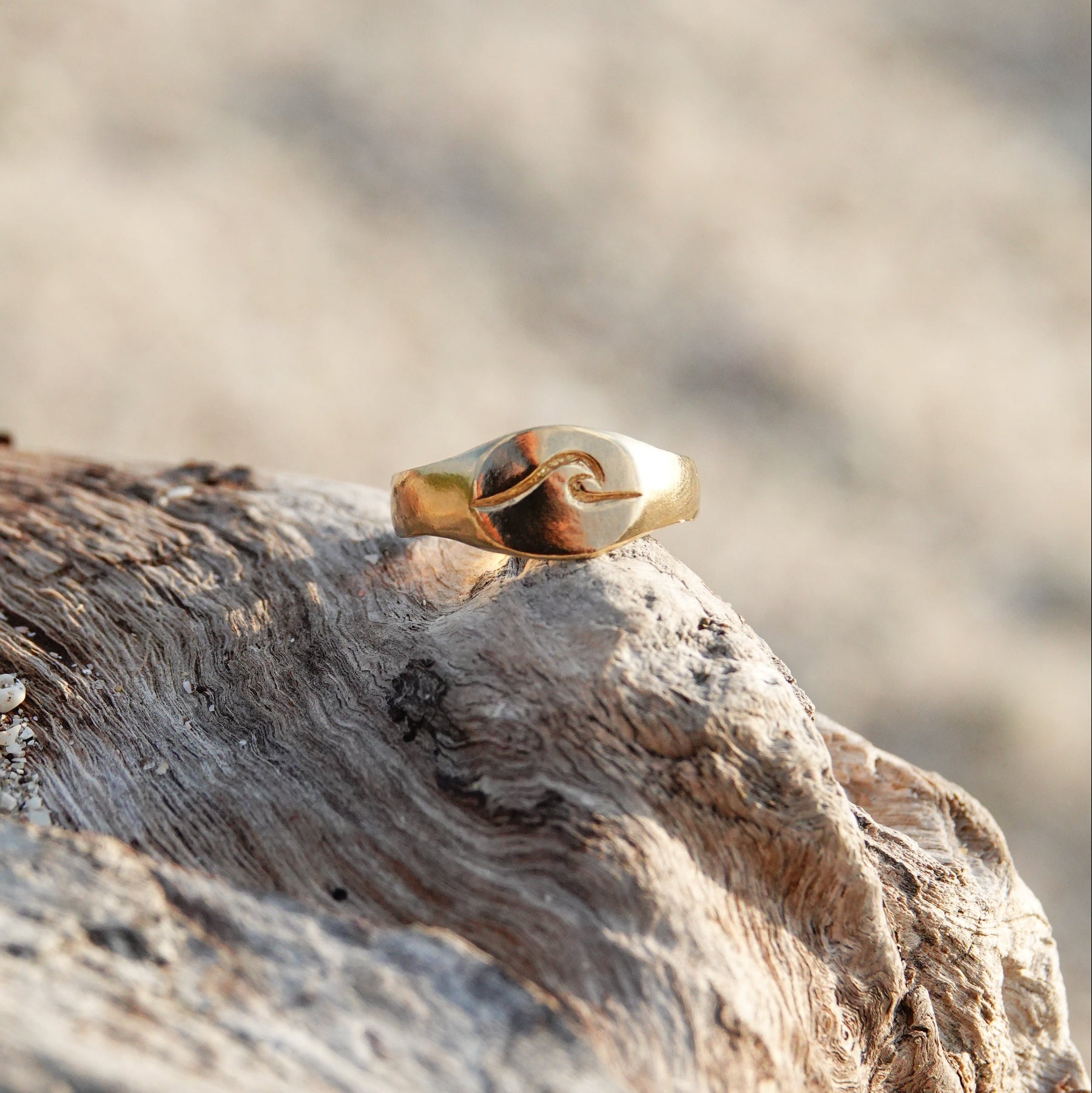 Gold ring on a piece of driftwood with a blurred natural background