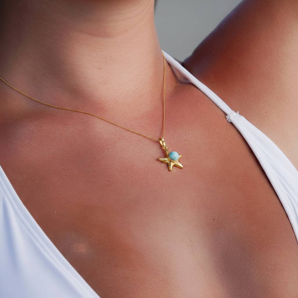 Starry Tide Larimar Necklace  925 Sterling Silver Starfish Pendant – Wavypopoyo