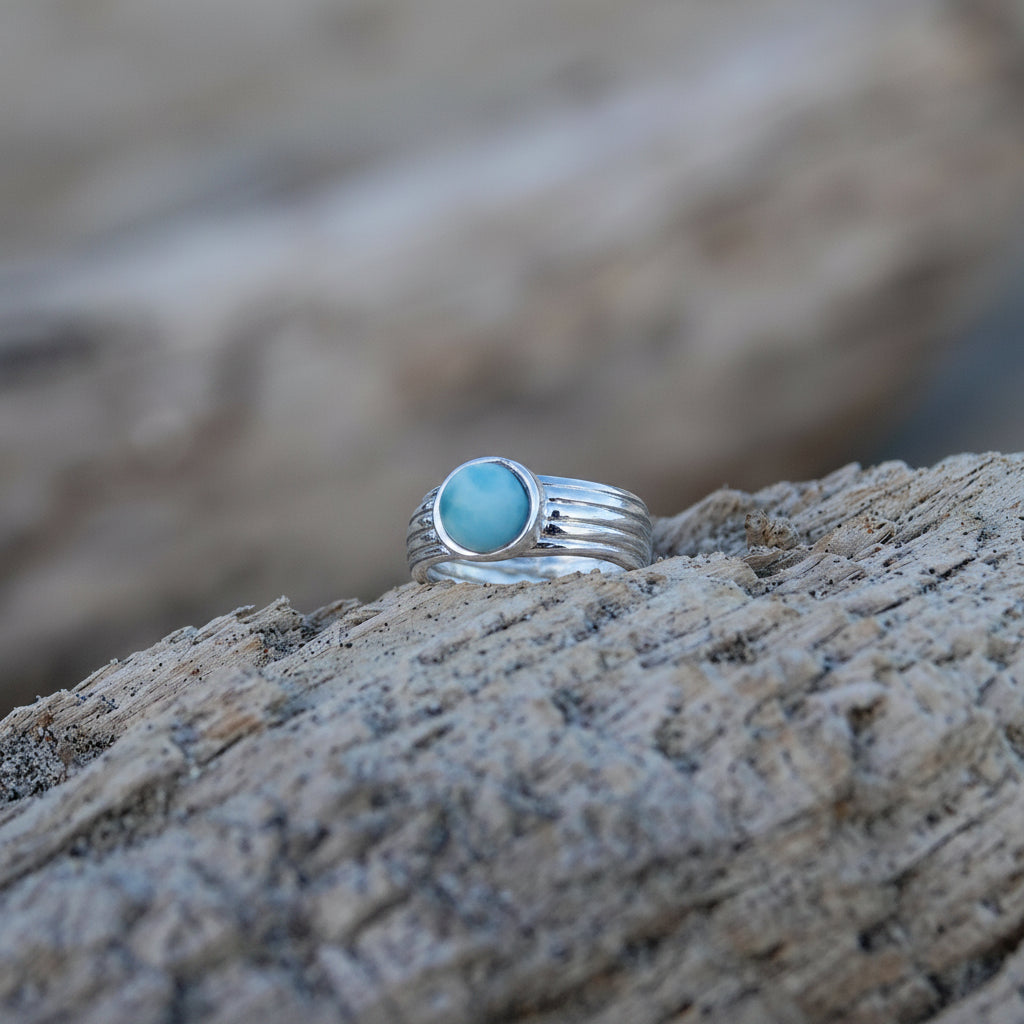 Genuine Larimar Statement Band Ring 925 Sterling Silver Bold Ocean Jewelry – Wavypopoyo