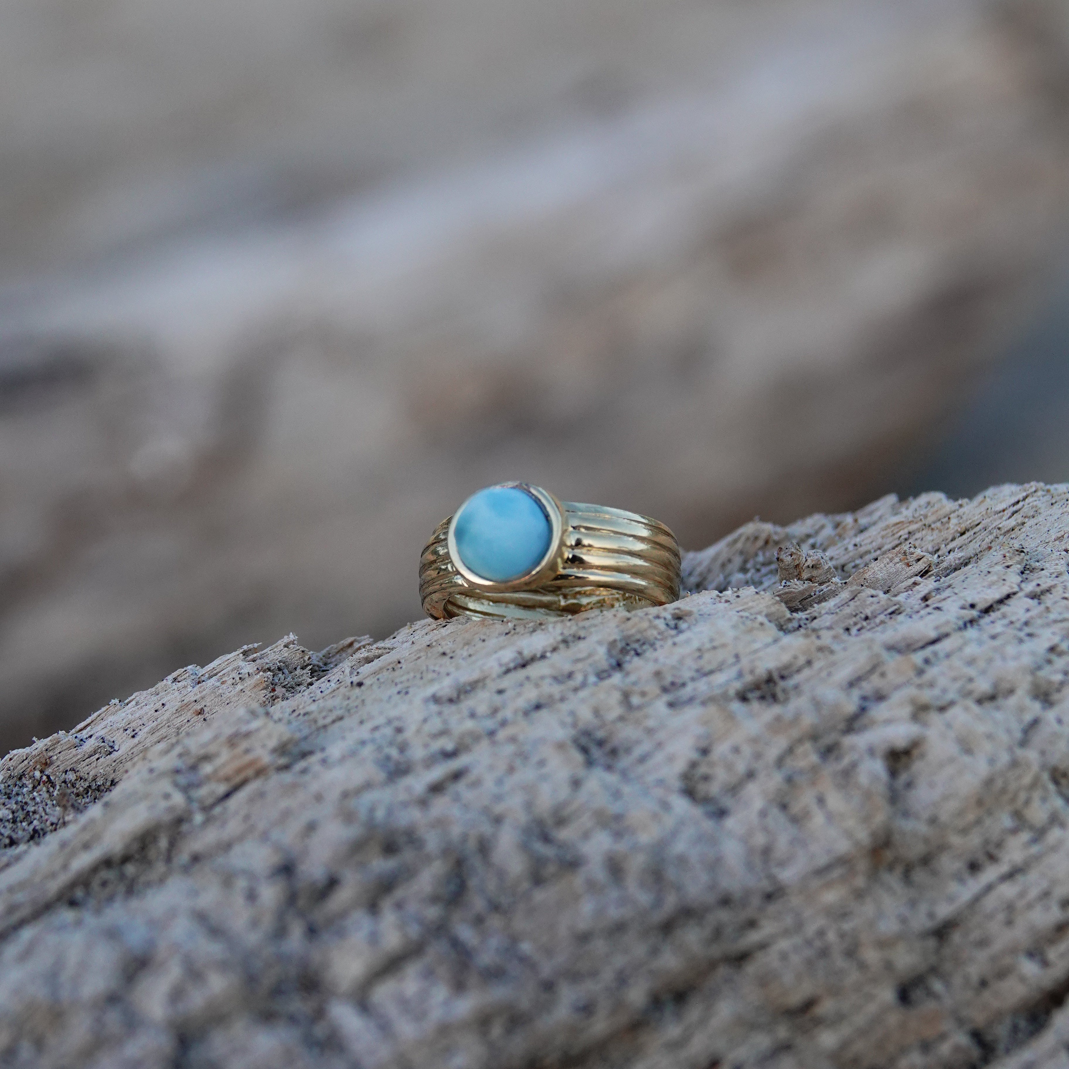 Waterproof Larimar Gold Statement Ring Handmade 14K Gold Vermeil Thick Band Unique Gemstone – Wavypopoyo