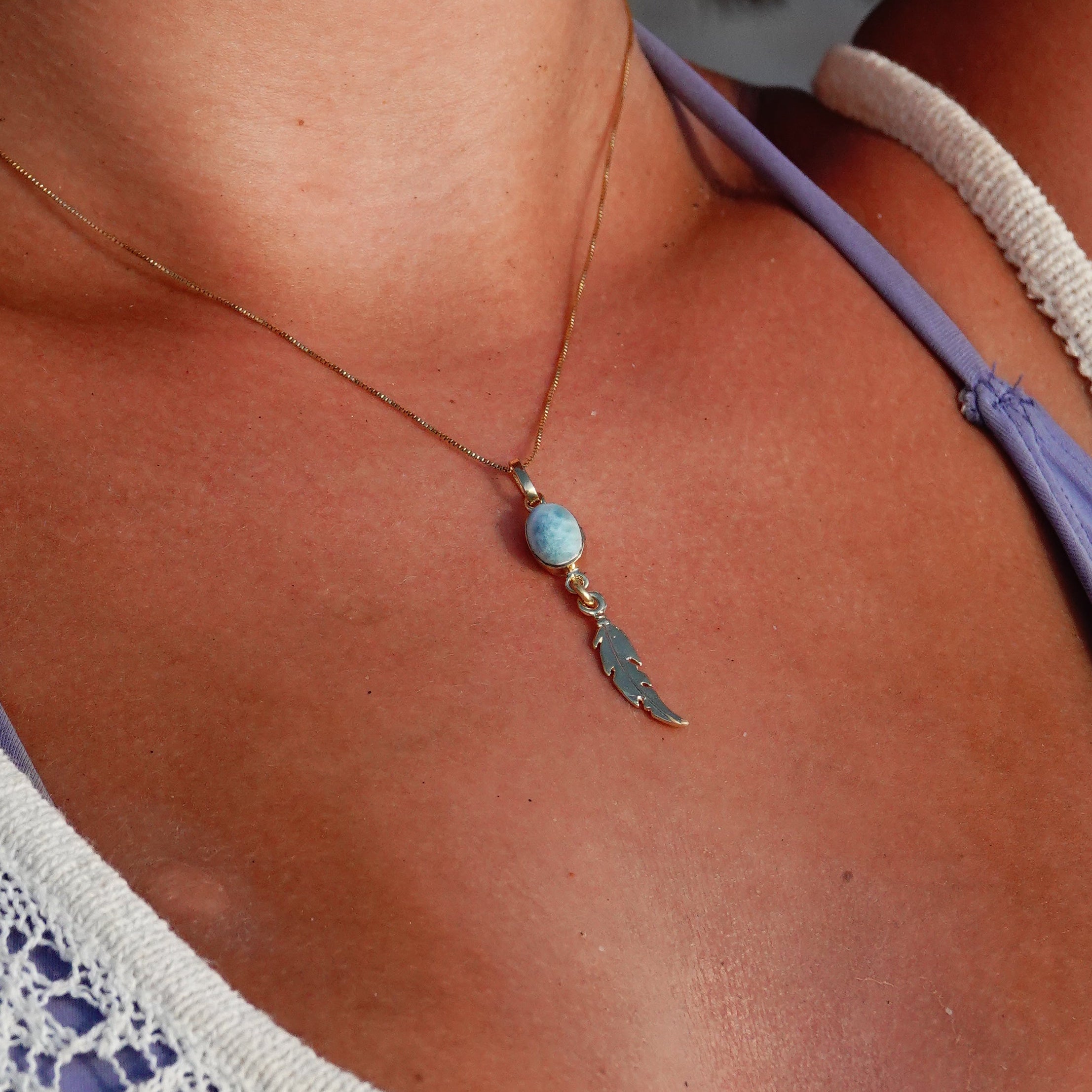 Larimar Leaf Necklaace Gold Waterproof Boho Jewelry 