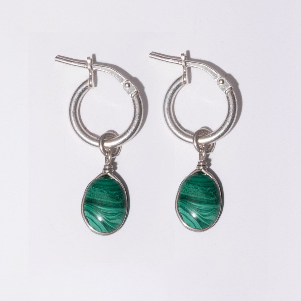 waterproof Malachite Hoop Earrings 925 Sterling Silver with Chain Drop – Wavypopoyo