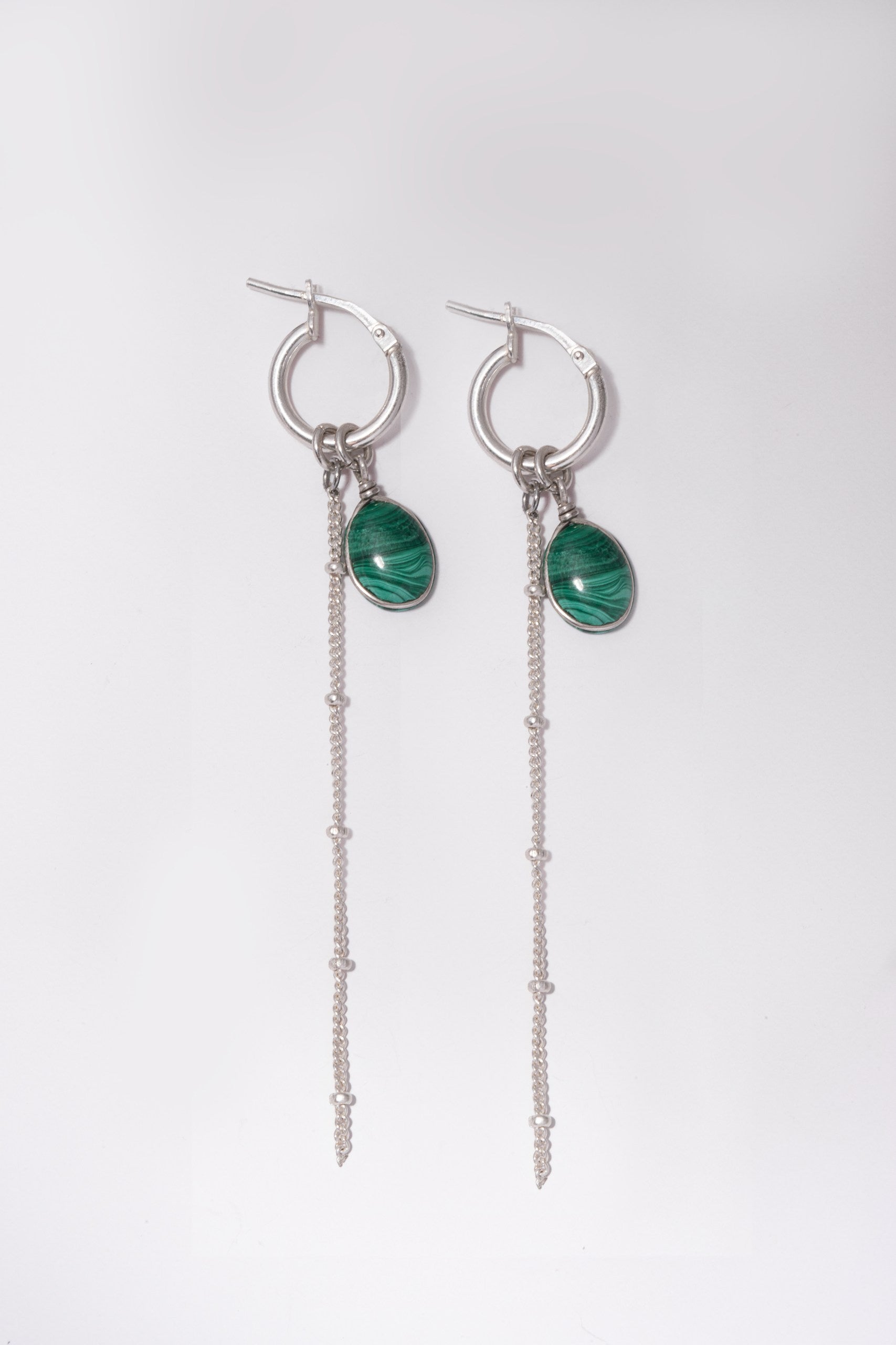 Handmade Malachite Hoop Earrings 925 Sterling Silver with Chain Drop – Wavypopoyo