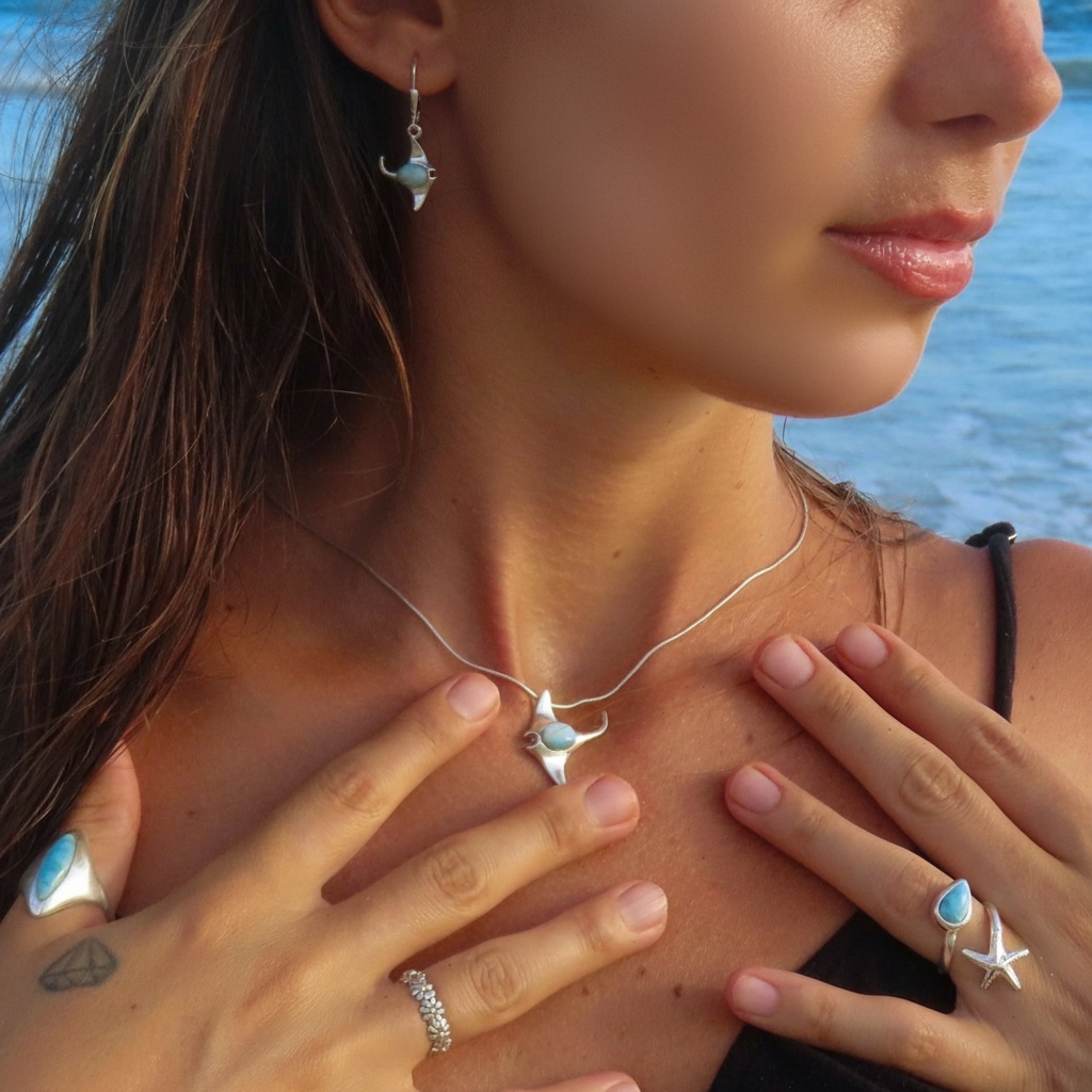 Woman wearing a necklace with a Larimar stingray pendant by the water