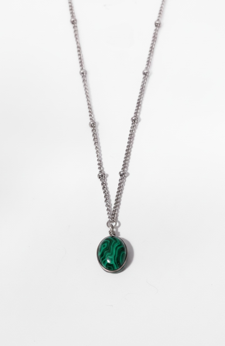 Mini Dainty Malachite Necklace Stainless Steel Stone of Protection SILVER Waterproof – Wavypopoyo