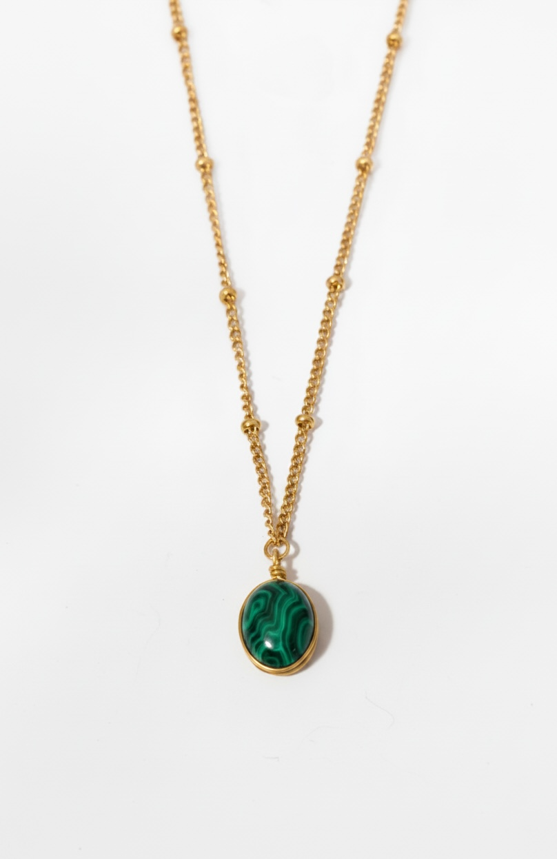 Mini Dainty Malachite Necklace Stainless Steel Stone of Protection Waterproof – Wavypopoyo