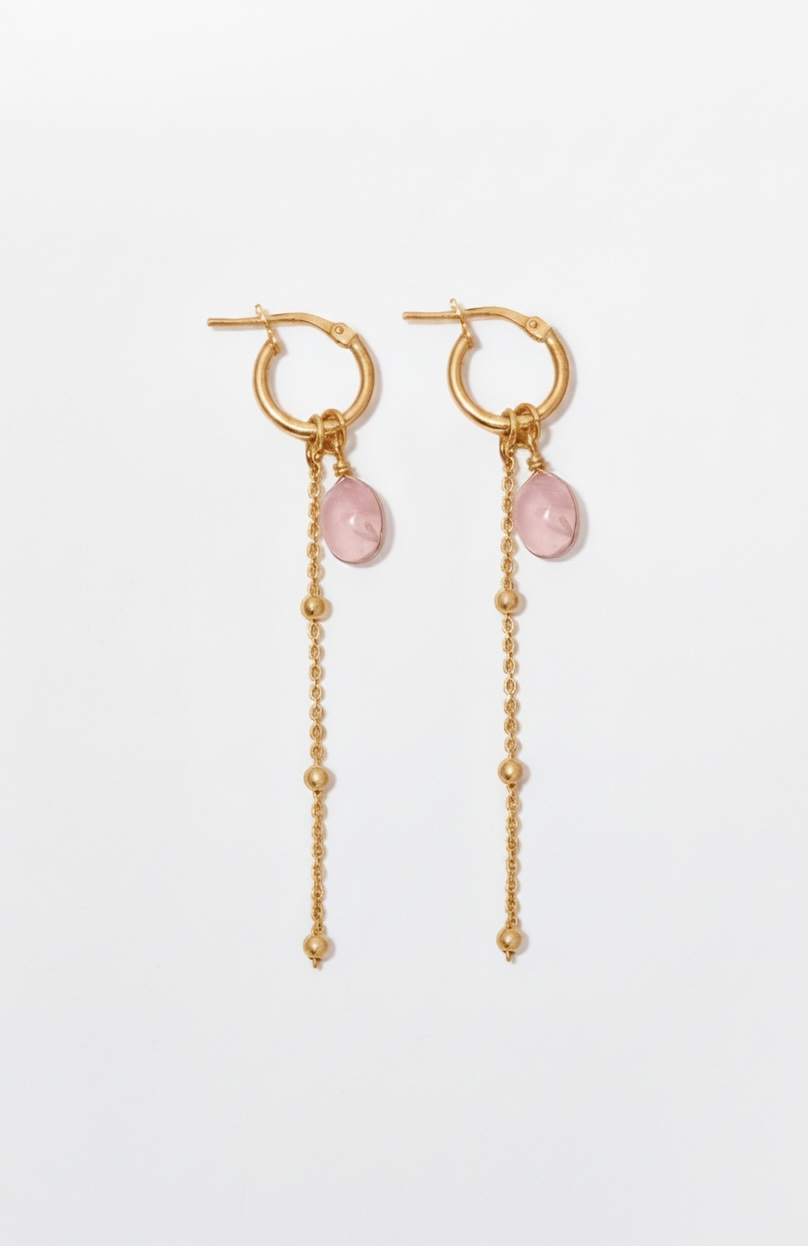 Natural Rose Quartz Gemstone Drop Earrings 14K Gold Vermeil Pink Love Stone – Wavypopoyo