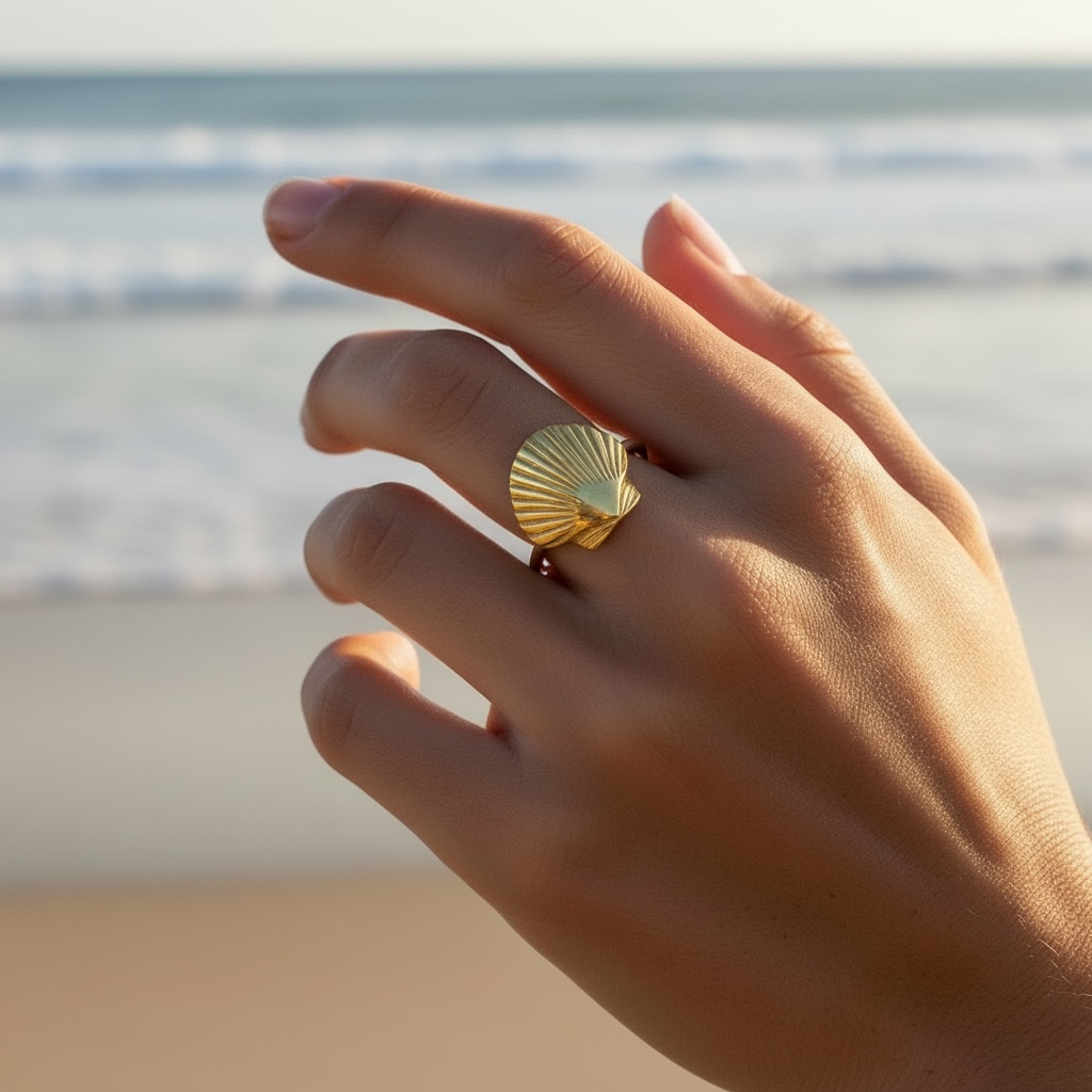 Hand wearing a gold shell-shaped ring with a beach background