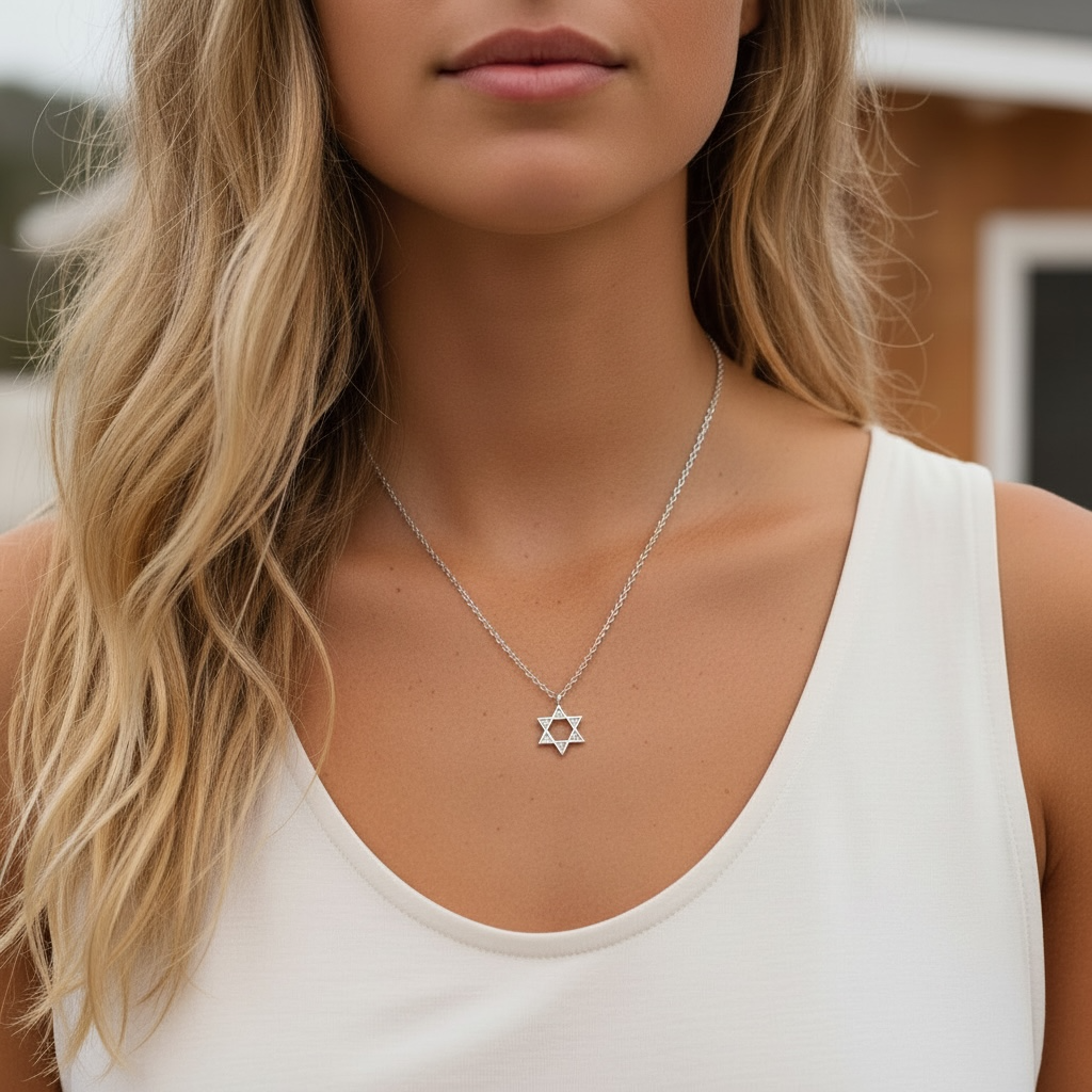 Tiny Star of David necklace with sparkling CZ crystals, crafted in waterproof 925 sterling silver with a delicate silver chain.