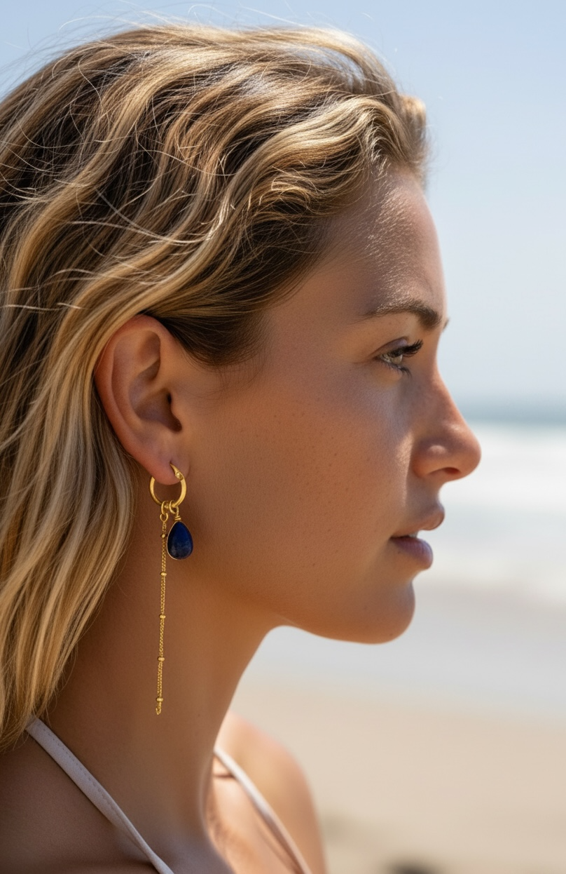 Waterproof 3-in-1 Lapis Lazuli Waterfall Earrings Handmade 14K Gold Vermeil Boho Jewelry – Wavypopoyo