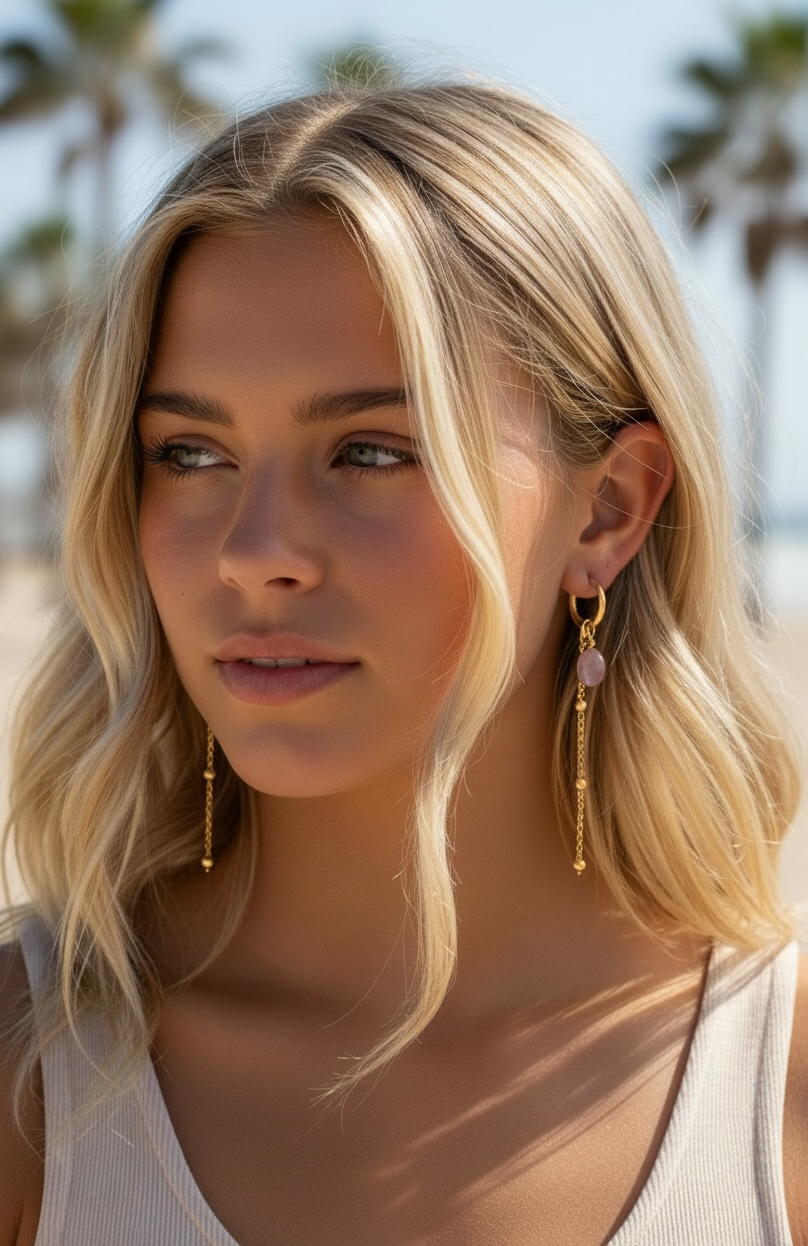 Waterproof 3-in-1 Rose Quartz Waterfall Earrings Handmade 14K Gold Vermeil Boho Jewelry – Wavypopoyo
