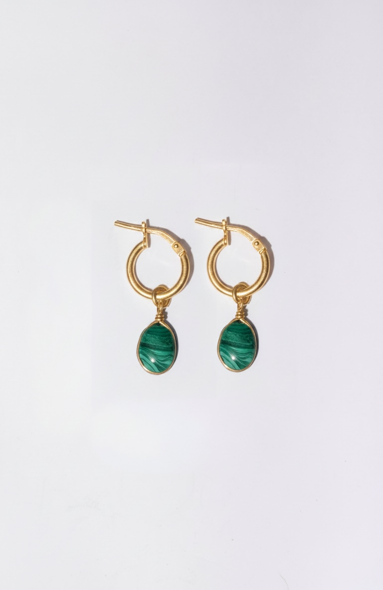 Waterproof Malachite Drop Earrings 14K Gold Vermeil Hoop with Chain Waterfall – Wavypopoyo