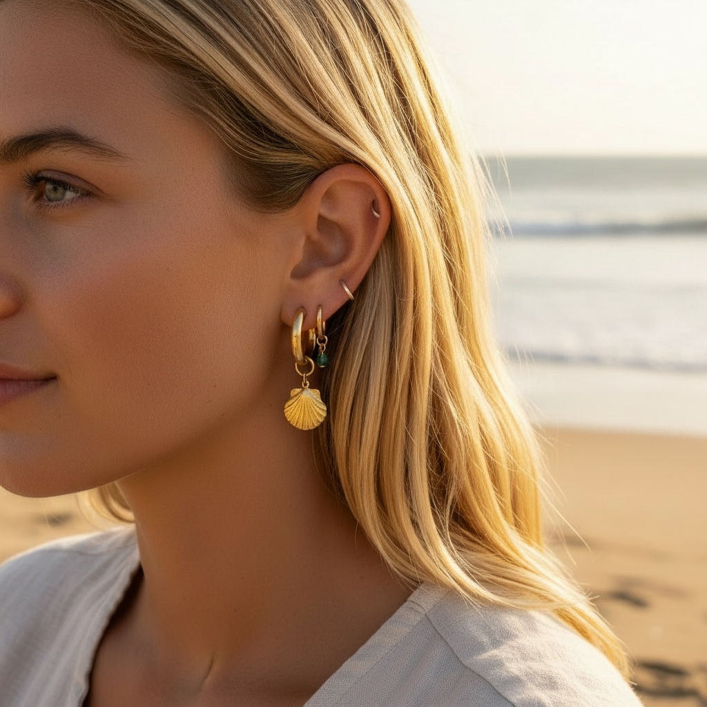 Woman wearing gold shell earrings with a blurred beach background