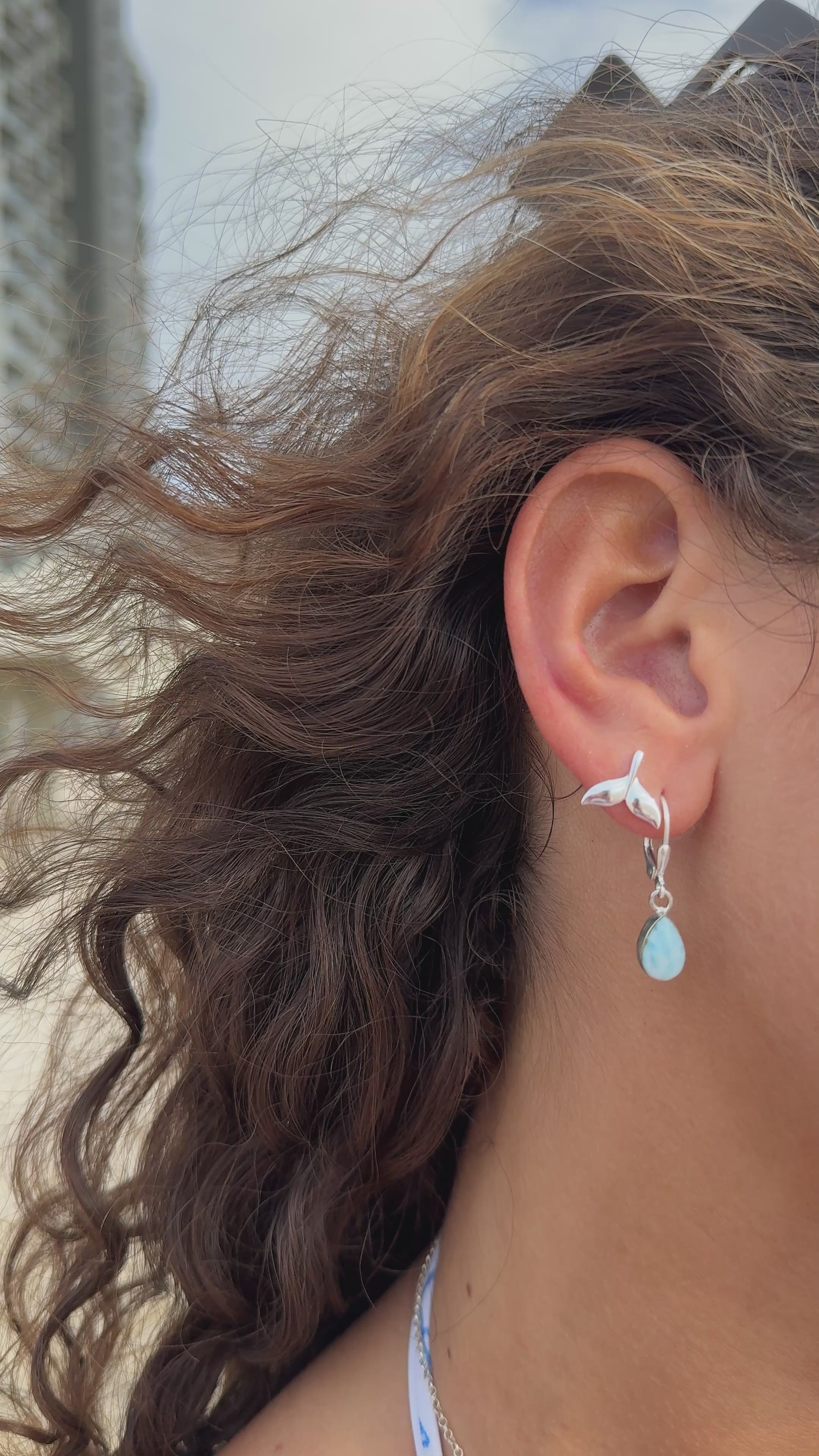 Whale tail sterling silver waterproof earrings with larimar earrings set