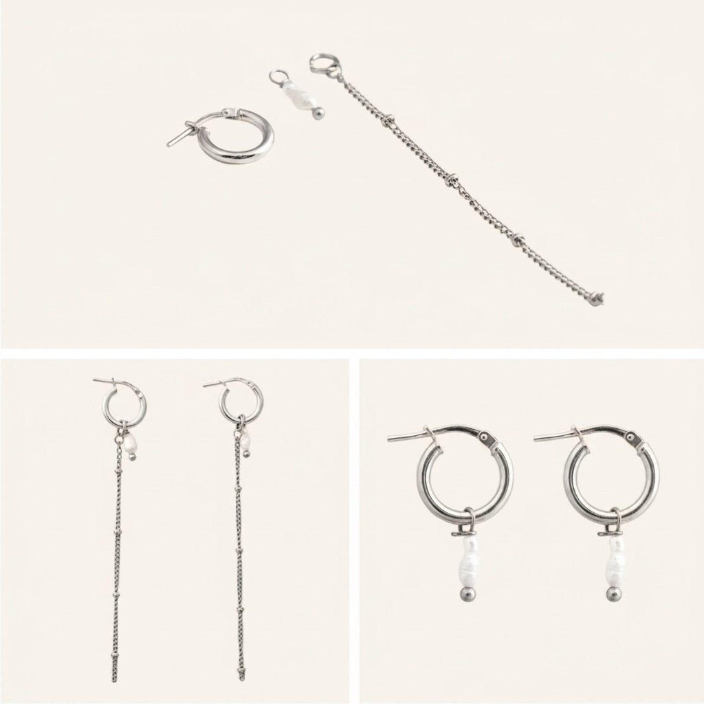 Set of silver earrings including hoop, chain, and dangling styles on a white background